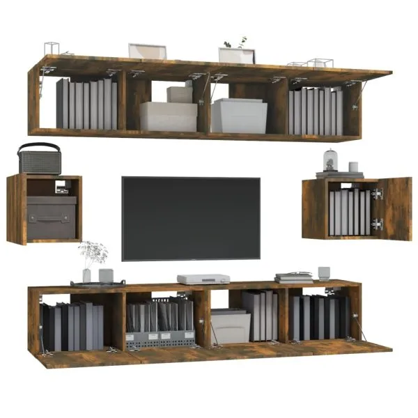 Set dulapuri TV, 6 piese, stejar fumuriu, lemn prelucrat