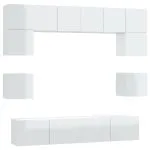 Set dulap TV, 8 piese, alb extralucios, lemn prelucrat