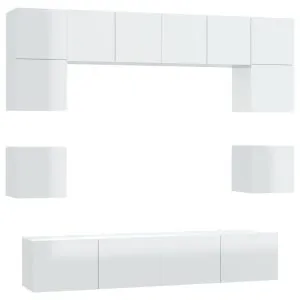 Set dulap TV, 8 piese, alb extralucios, lemn prelucrat