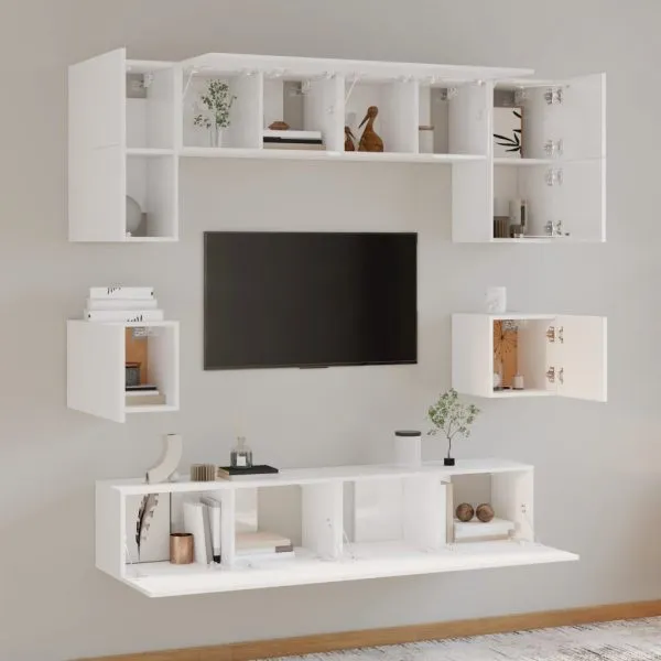 Set dulap TV, 8 piese, alb extralucios, lemn prelucrat