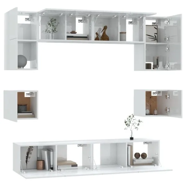 Set dulap TV, 8 piese, alb extralucios, lemn prelucrat