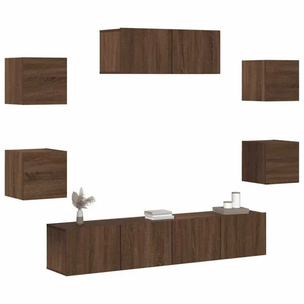 Set comode TV, 7 piese, stejar maro, lemn compozit