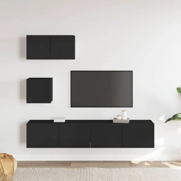 Set dulap TV, 4 piese, negru, lemn prelucrat