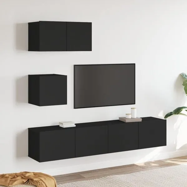 Set dulap TV, 4 piese, negru, lemn prelucrat