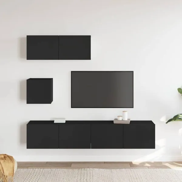 Set dulap TV, 4 piese, negru, lemn prelucrat
