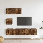 Set dulapuri TV, 4 piese, stejar fumuriu, lemn prelucrat