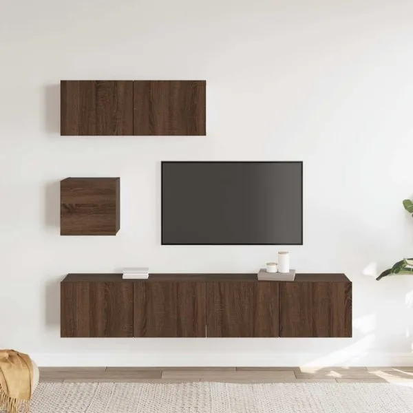 Set dulapuri TV, 4 piese, stejar maro, lemn prelucrat