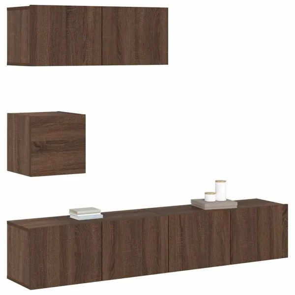 Set dulapuri TV, 4 piese, stejar maro, lemn prelucrat