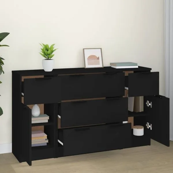 Set servantă, 3 piese, negru, lemn prelucrat