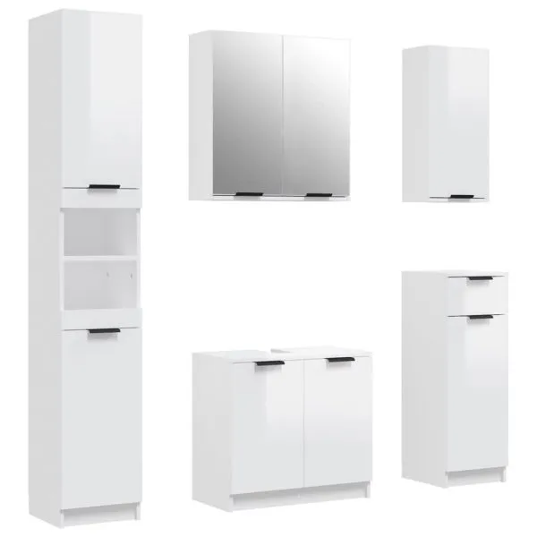 Set dulapuri de baie, 5 piese, alb extralucios, lemn prelucrat