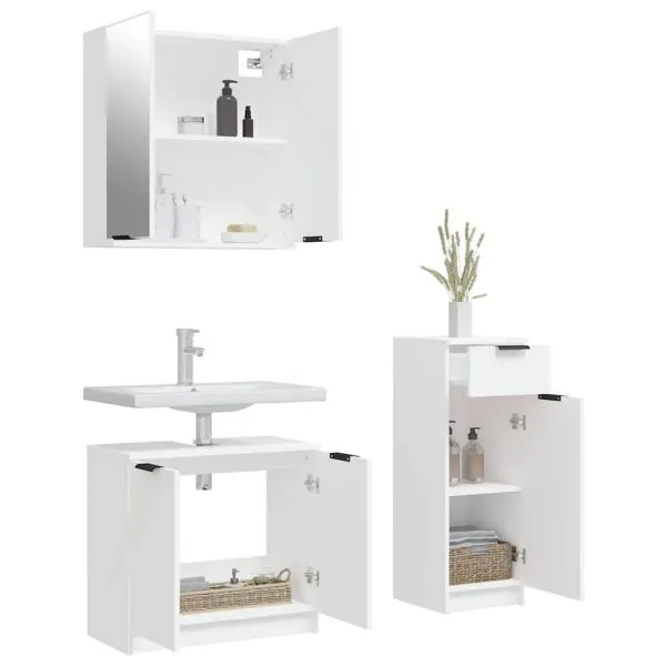 Set dulapuri de baie, 3 piese, alb, lemn prelucrat