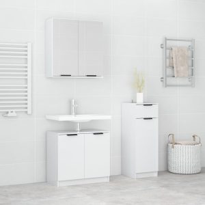 Set dulapuri de baie, 3 piese, alb extralucios, lemn prelucrat