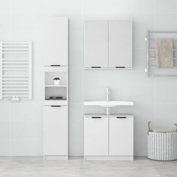 Set dulapuri de baie, 3 piese, alb extralucios, lemn prelucrat