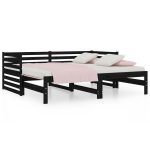 Pat de zi extensibil, negru, 2x(90×190) cm, lemn masiv de pin