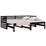 Pat de zi extensibil, negru, 2x(90×190) cm, lemn masiv de pin
