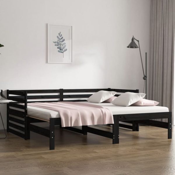 Pat de zi extensibil, negru, 2x(90×190) cm, lemn masiv de pin