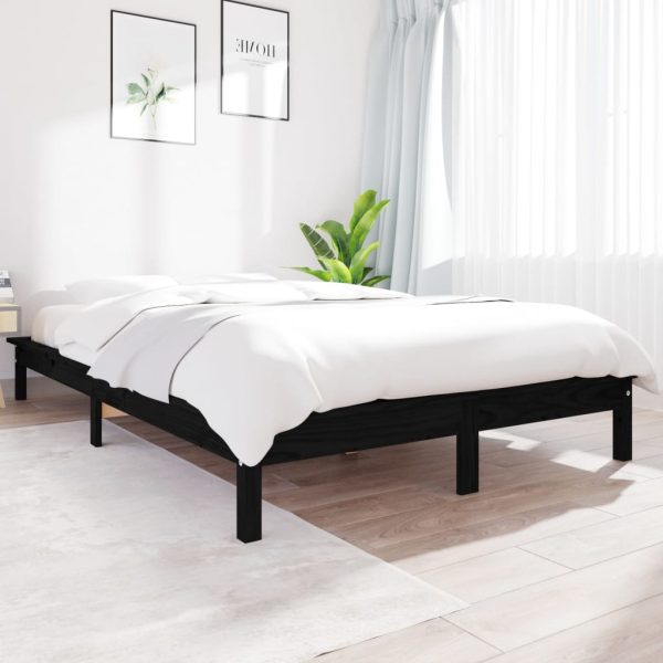 Cadru de pat dublu, negru, 135×190 cm, lemn masiv de pin