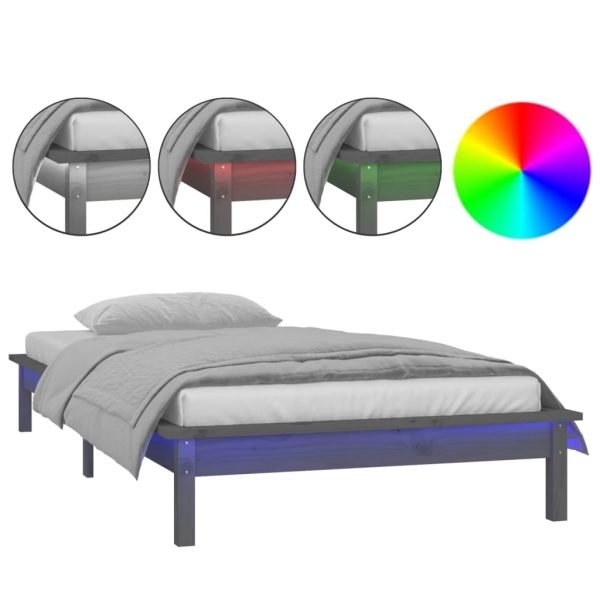 Cadru de pat cu LED, gri, 90×200 cm, lemn masiv
