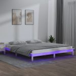 Cadru de pat cu LED, alb, 160×200 cm, lemn masiv