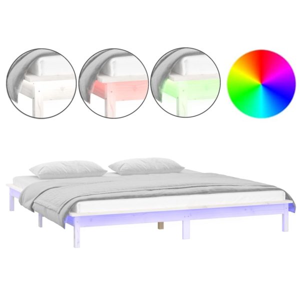 Cadru de pat LED Super King Size, alb, 180×200 cm, lemn masiv