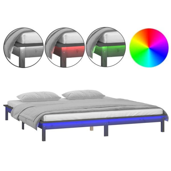 Cadru de pat dublu cu LED, gri, 135×190 cm, lemn masiv