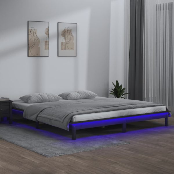 Cadru de pat dublu cu LED, gri, 135×190 cm, lemn masiv