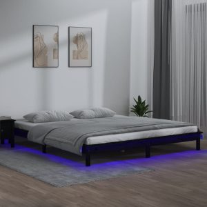 Cadru de pat cu LED, negru, 140×190 cm, lemn masiv