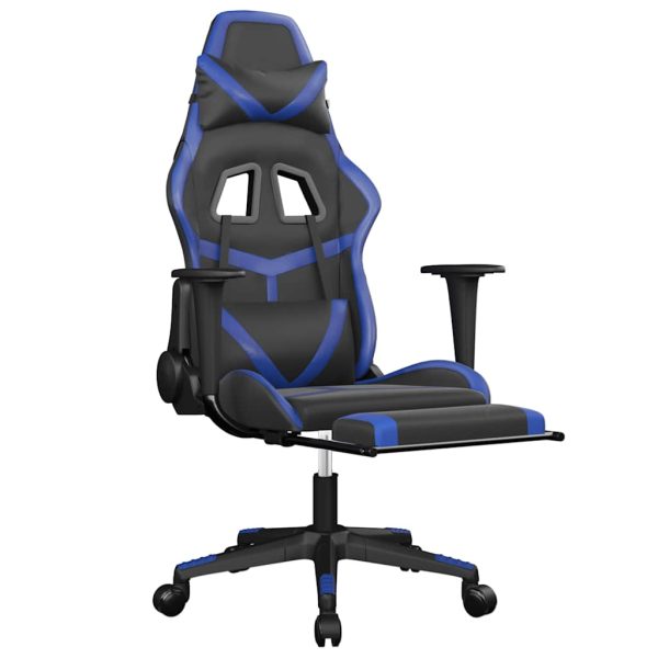 Scaun de gaming masaj/suport picioare negru/albastru piele eco