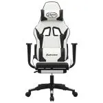 Scaun de gaming masaj/suport picioare alb/negru piele eco
