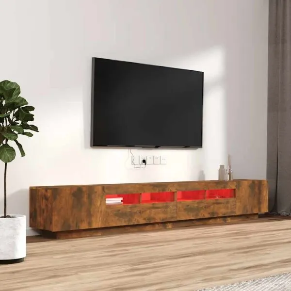 Set dulapuri TV cu LED, 3 piese, stejar fumuriu, lemn prelucrat
