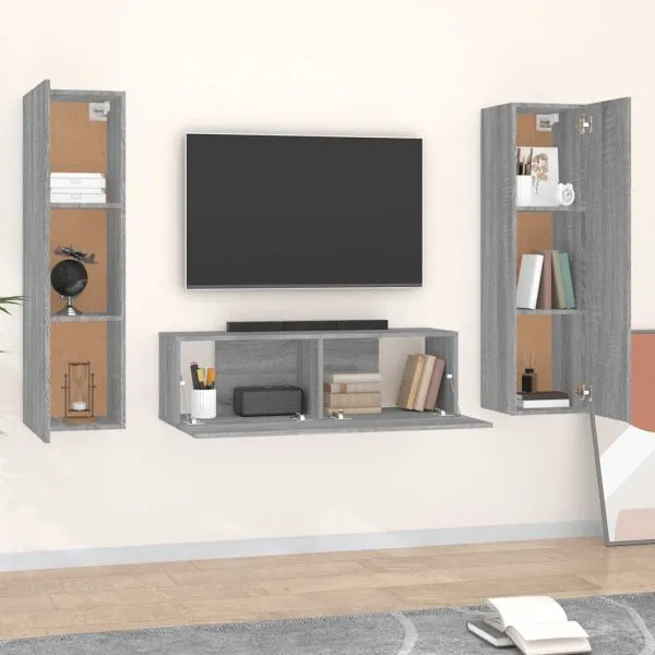 Set dulap TV, 3 piese, gri sonoma, lemn prelucrat