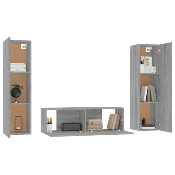 Set dulap TV, 3 piese, gri sonoma, lemn prelucrat