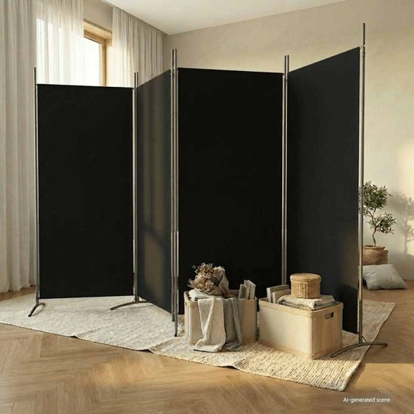 Paravan de cameră cu 4 panouri, negru, 346×180 cm, textil