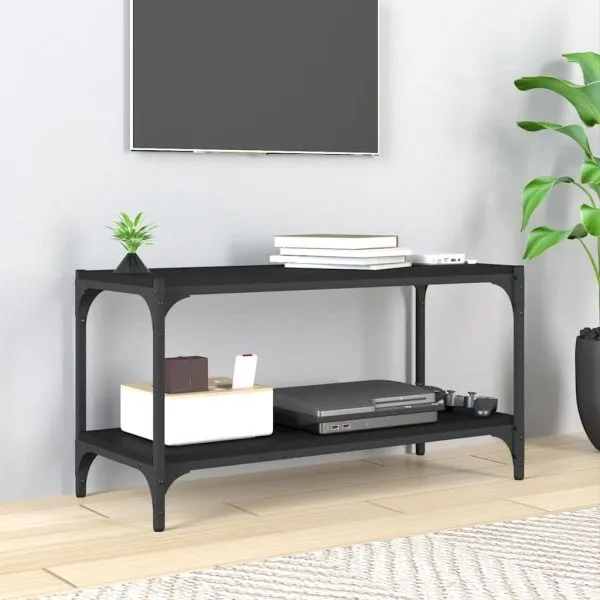 Comodă TV, negru, 80x33x41 cm, lemn prelucrat și oțel