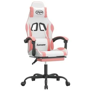 Scaun de gaming pivotant cu suport picioare, alb&roz, piele eco