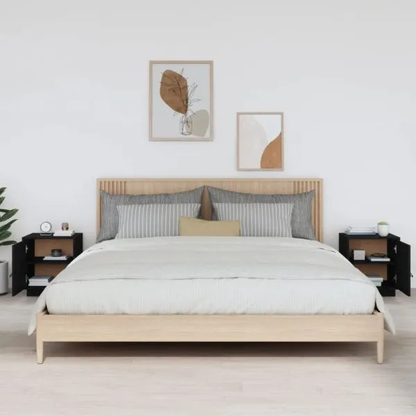 Noptiere, 2 buc., negru, 40x34x45 cm, lemn masiv de pin