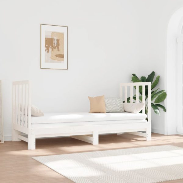 Pat de zi extensibil, alb, 2x(90×190) cm, lemn masiv de pin