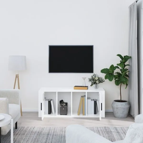Comodă TV, alb extralucios, 100x35x40 cm, lemn prelucrat