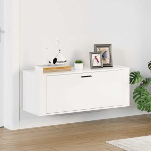 Pantofar de perete, alb extralucios, 100x35x38cm, lemn compozit