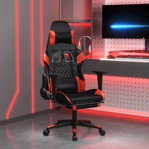 Scaun de gaming cu suport picioare, negru/roșu, piele ecologică