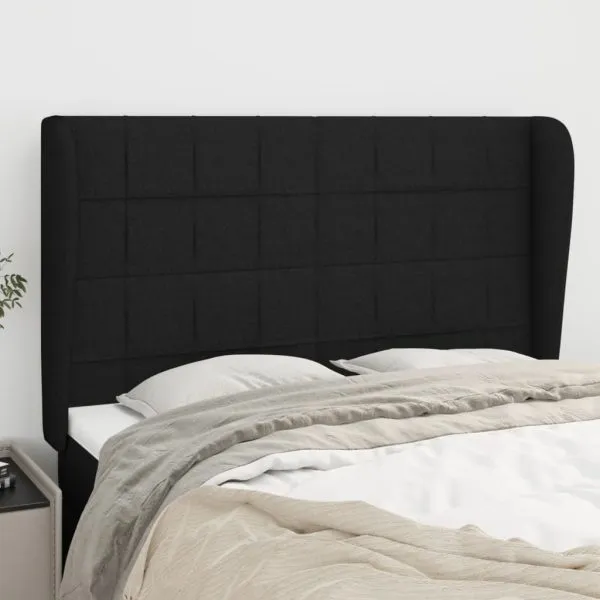 Tăblie de pat cu aripioare, negru, 147x23x118/128 cm, textil
