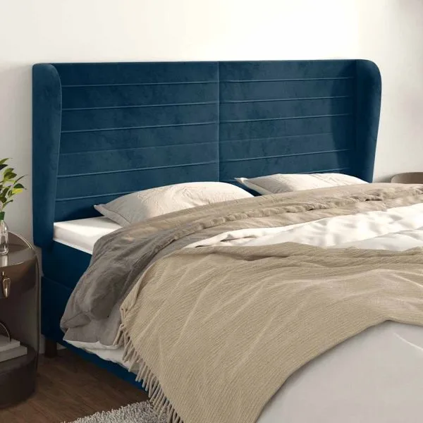 Tăblie pat cu urechi albastru închis 183x23x118/128 cm catifea