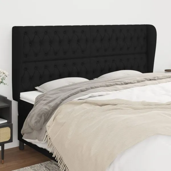 Tăblie de pat cu aripioare, negru, 203x23x118/128 cm, textil