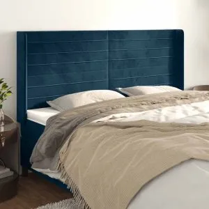 Tăblie pat cu urechi albastru închis 203x16x118/128 cm catifea