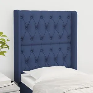 Tăblie de pat cu aripioare, albastru, 83x16x118/128 cm, textil
