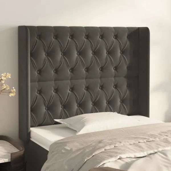Tăblie de pat cu aripioare gri închis 93x16x118/128 cm catifea