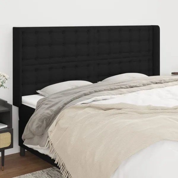 Tăblie de pat cu aripioare, negru, 163x16x118/128 cm, textil