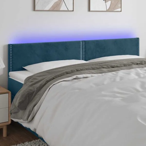 Tăblie de pat cu LED, albastru închis, 200x5x78/88 cm, catifea
