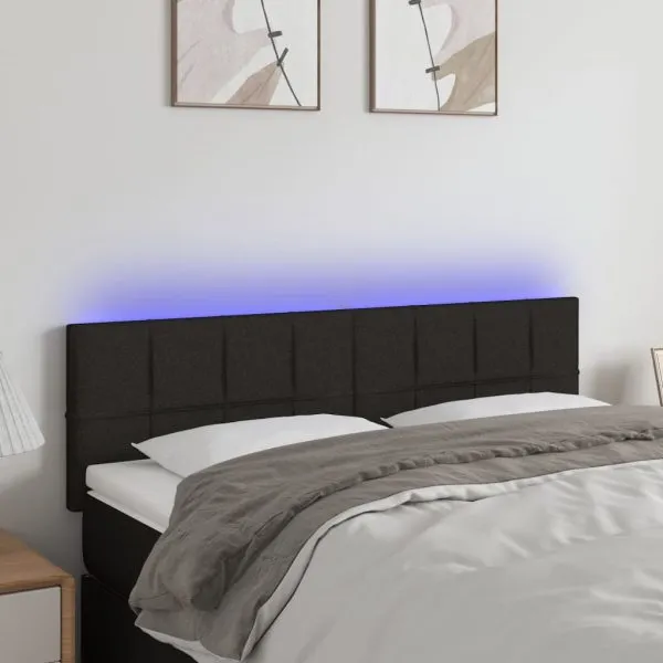 Tăblie de pat cu LED, negru, 144x5x78/88 cm, textil