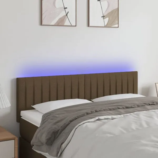 Tăblie de pat cu LED, maro închis, 144x5x78/88 cm, textil